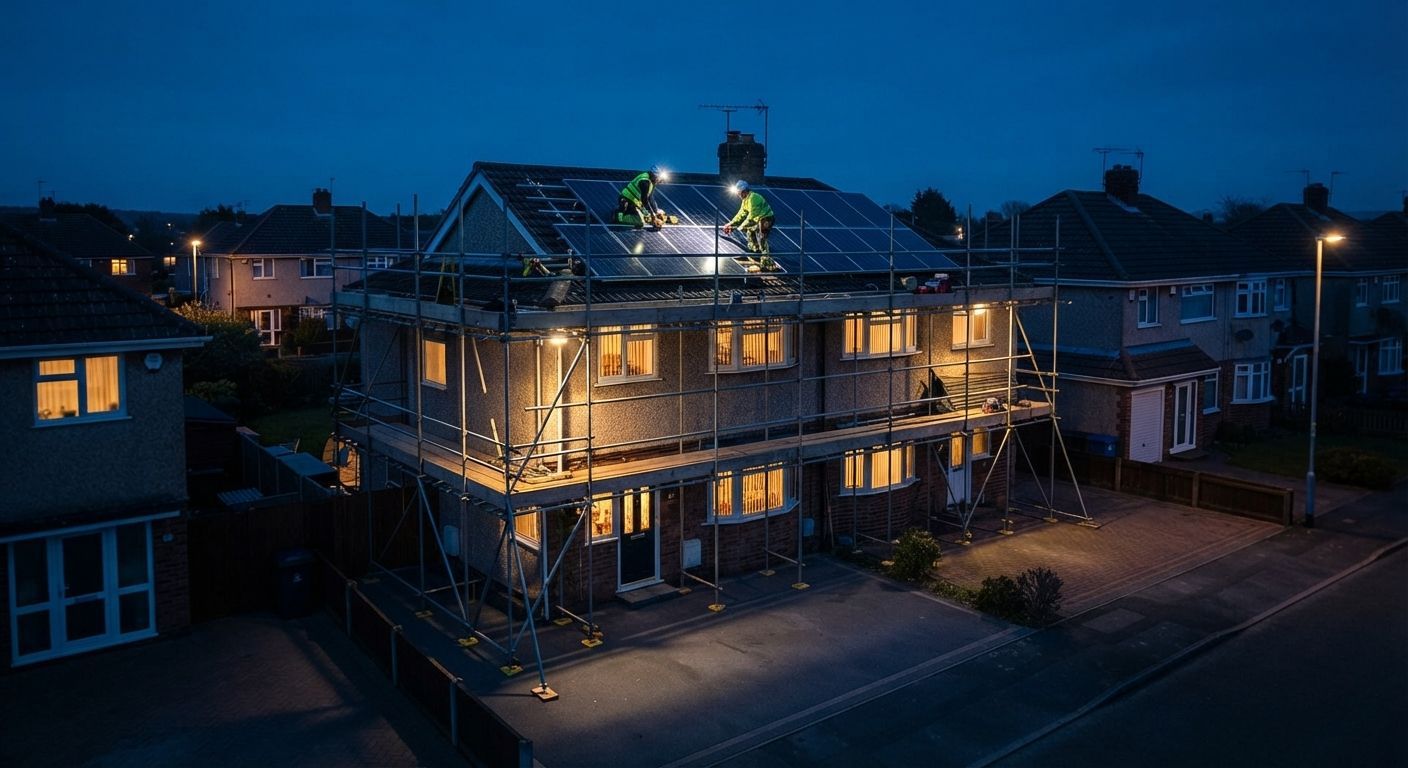 Solar panel installation on a UK home under renovation at night