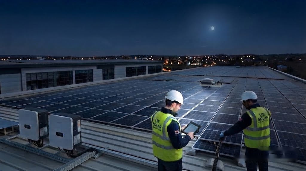 Solar technicians inspecting rooftop solar panels at night