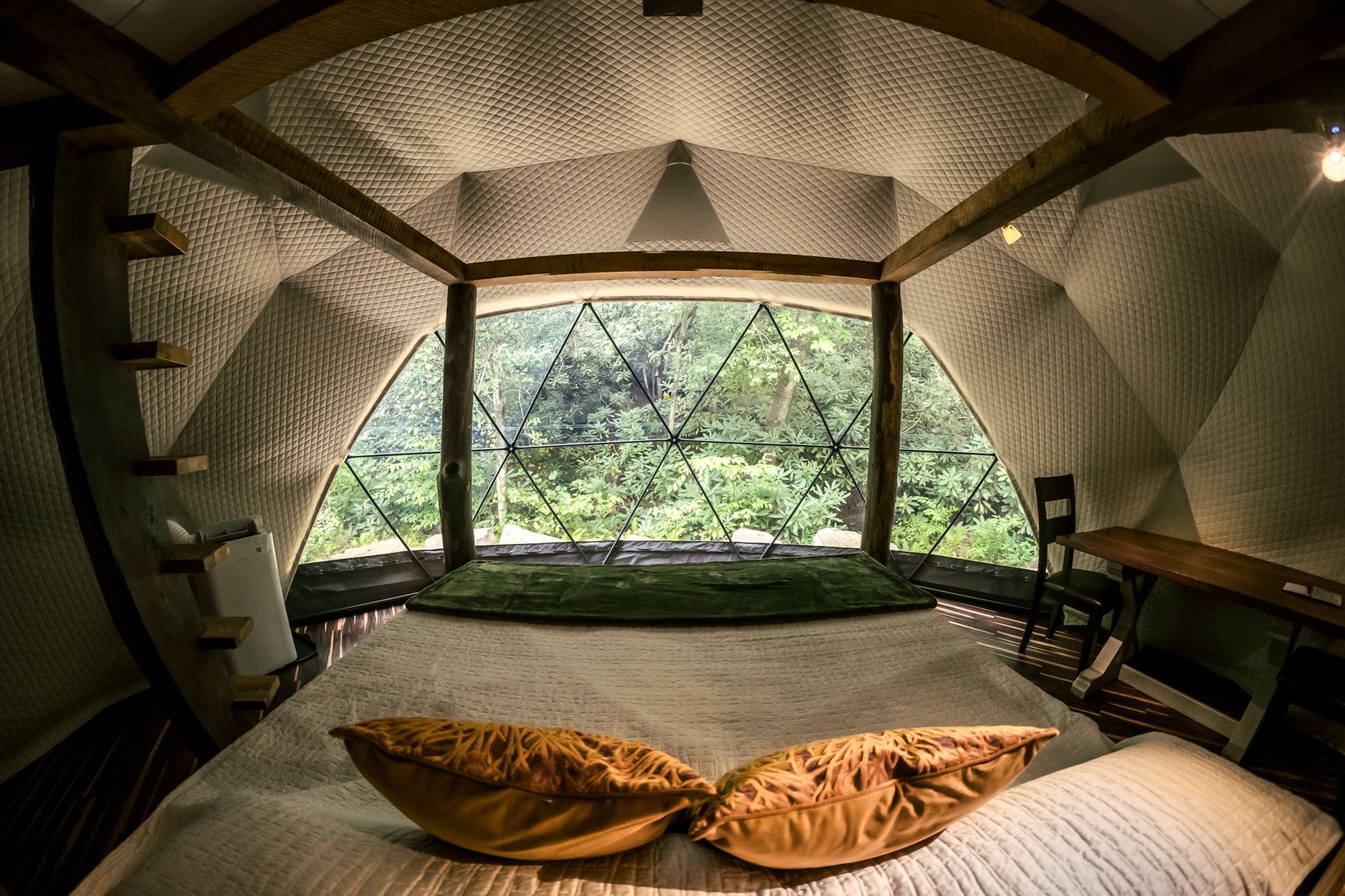 Interior of a geodesic dome room with a large window overlooking a forest, a bed, and built-in shelves.