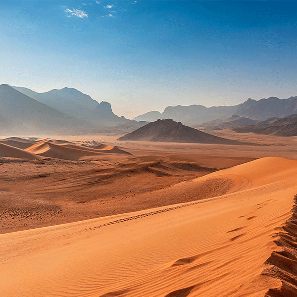 Vast desert landscape with sand dunes, distant mountains, and a clear blue sky.