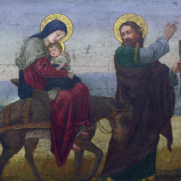Mary and baby Jesus ride a donkey, St. Joseph leads the way. All have halos, traveling outdoors.