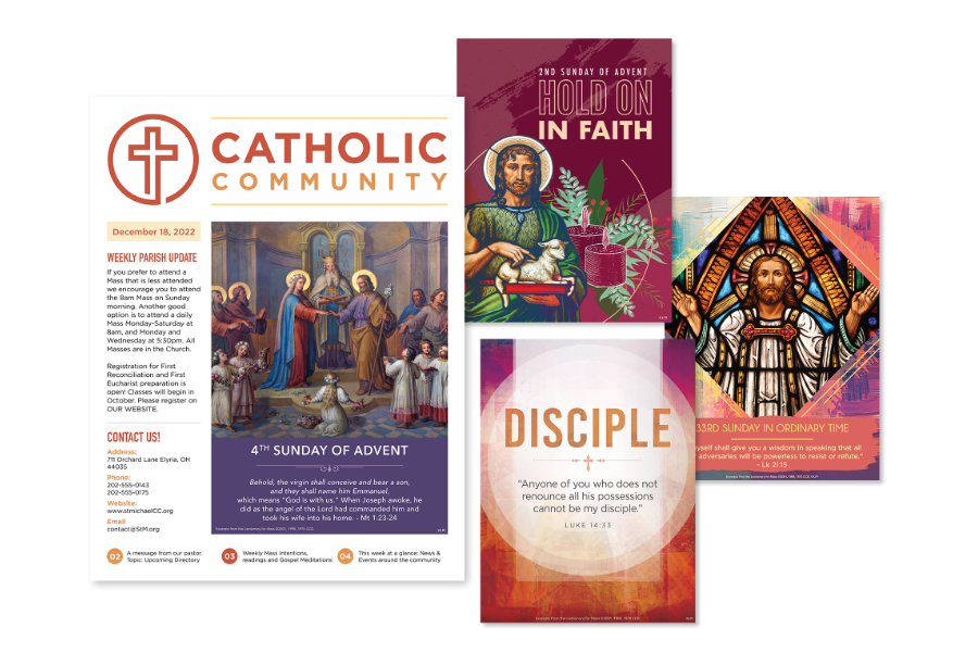 A catholic community bulletin  showing multiple themed  covers.