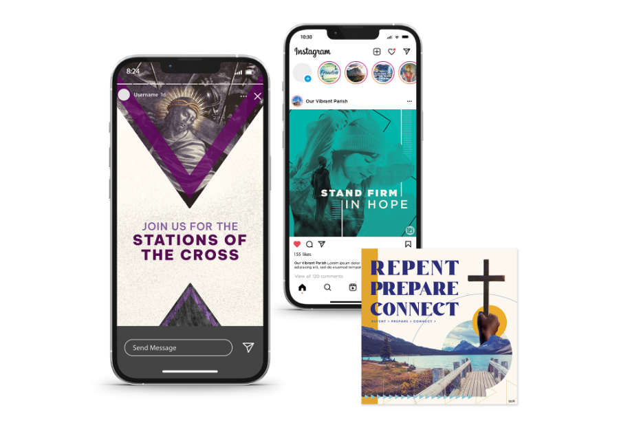 Two cell phones are sitting next to each other showing Catholic themed social media art.