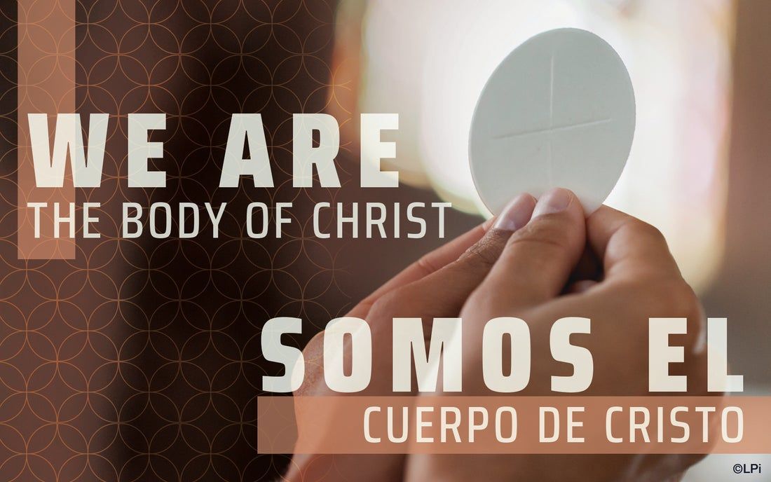 A poster that says we are the Body of Christ with two hands holding a wafer with a cross on it.