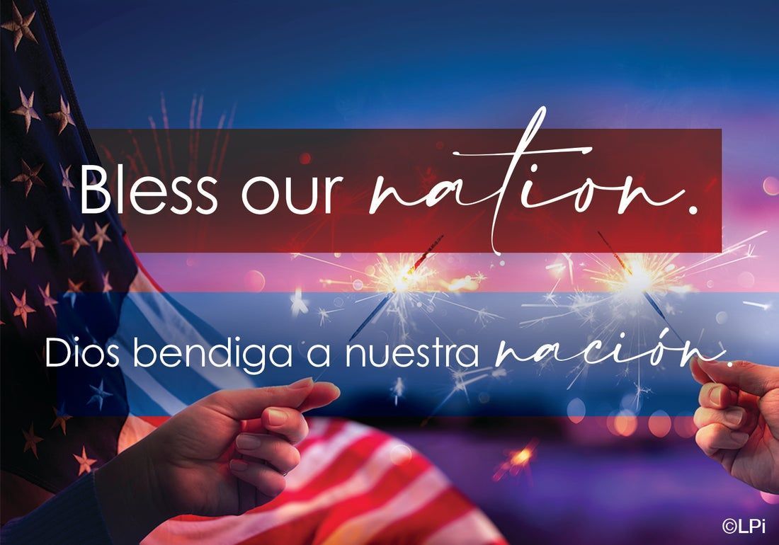 A poster that says bless our nation dios bendiga a nuestra nacion with an American flag and hands holding sparklers.
