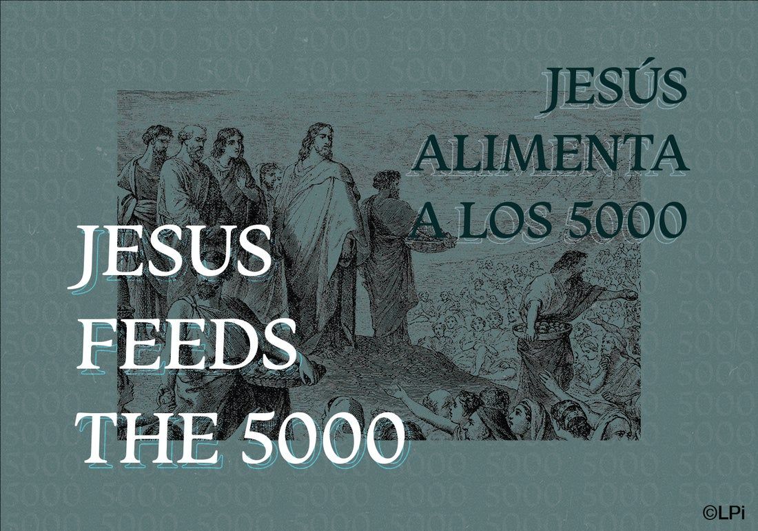 A poster that says Jesus feeds the 5000.