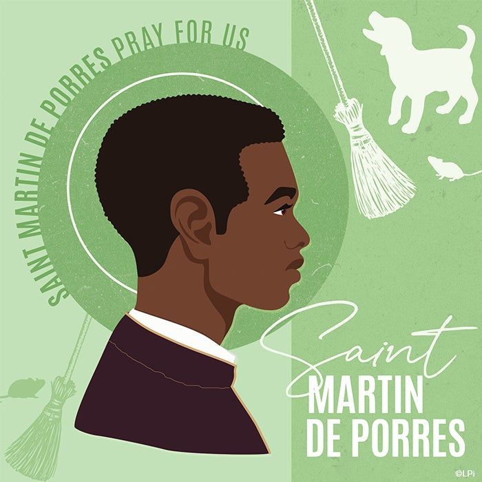Portrait of St. Martin de Porres in profile, with a halo. Dog and broom icon. Text: