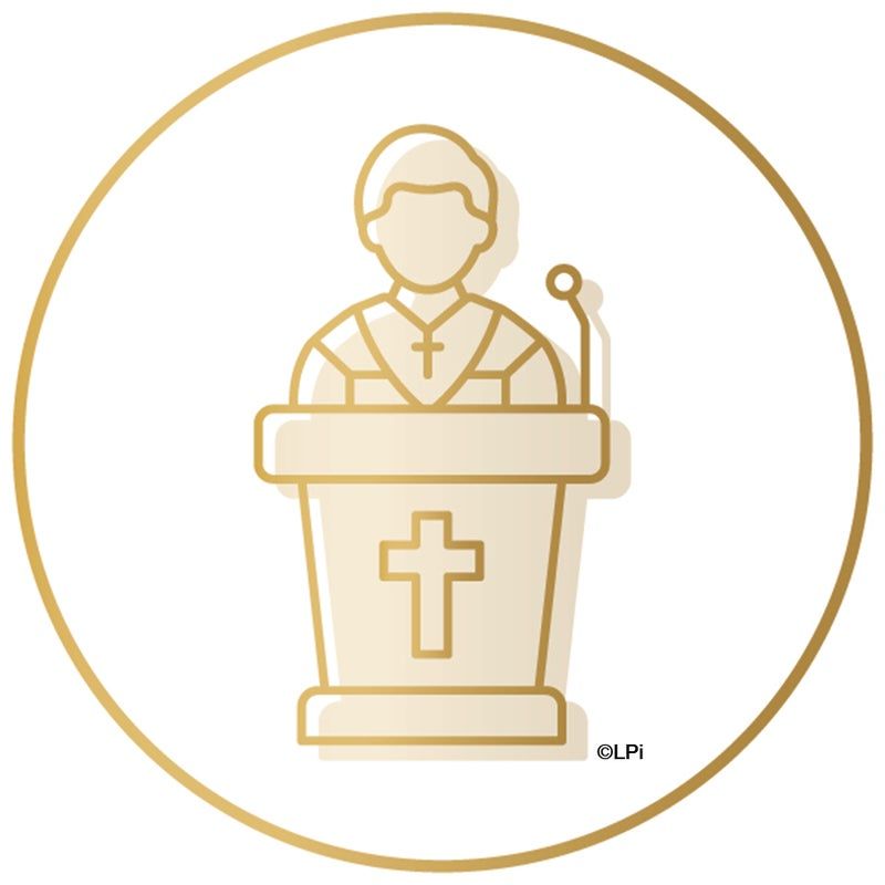 An icon of a priest at a pulpet.