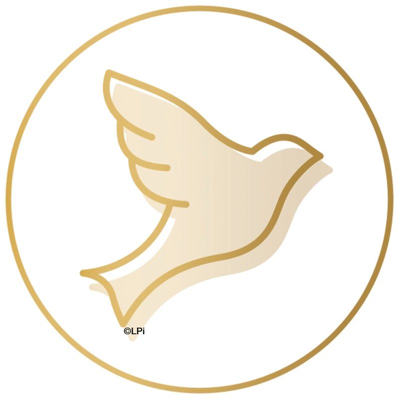 An icon of a dove in a gold circle.