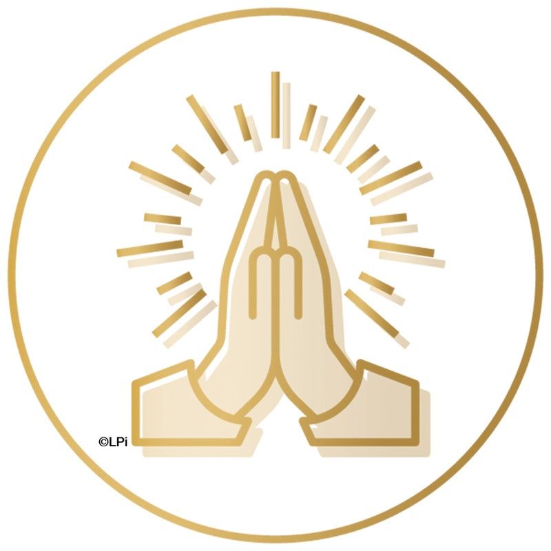An icon of two hands folded in prayer in a circle.