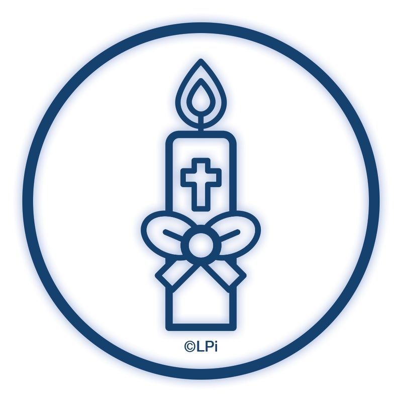 An icon of a candle with a cross on it is in a blue circle.