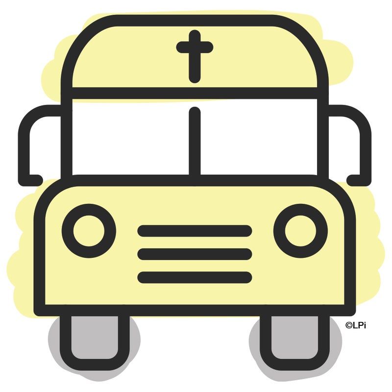 An icon of a yellow school bus with a cross on the top of it.