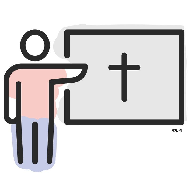 An icon of a person is standing in front of a white board with a cross on it.