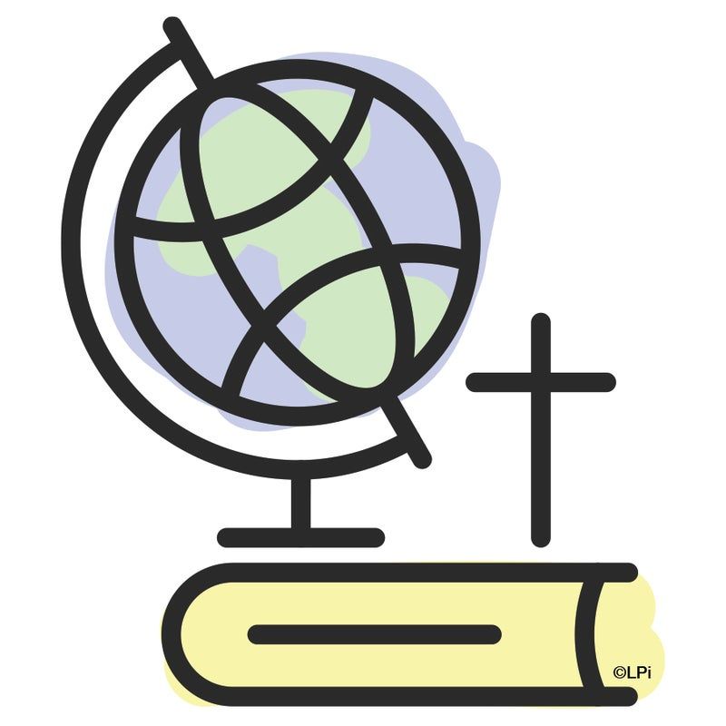 An icon of a globe and a cross on top of a book.