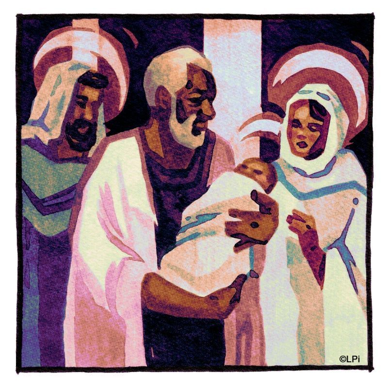 A painting of a man holding a baby.
