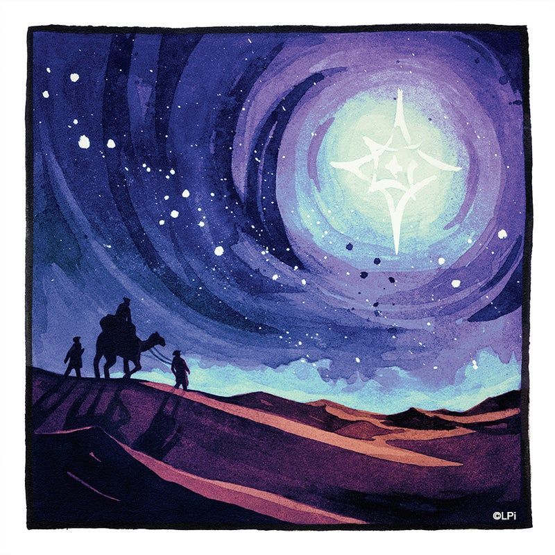 A water color painting of three wise men in the desert with a star in the sky.