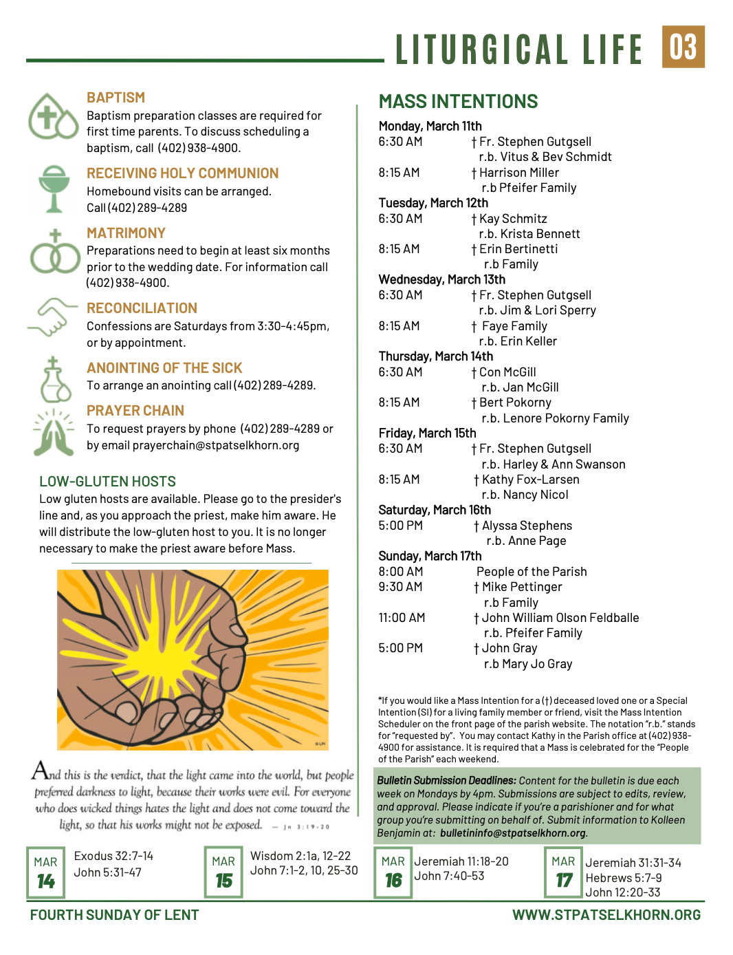 A bulletin page about liturgical life with a picture of a person holding a light in their hands.