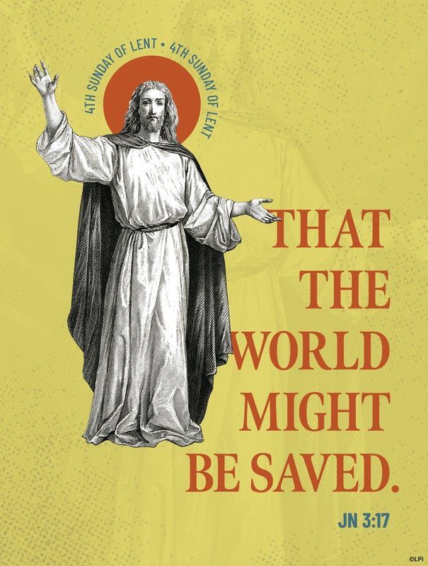 A bulletin cover of Jesus that says that the world might be saved.