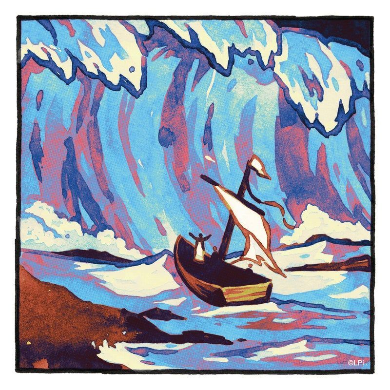 A colorful painting of a boat in the ocean.