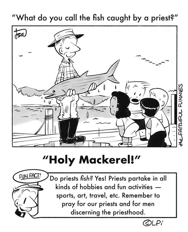 A black and white cartoon of a man holding a large fish.