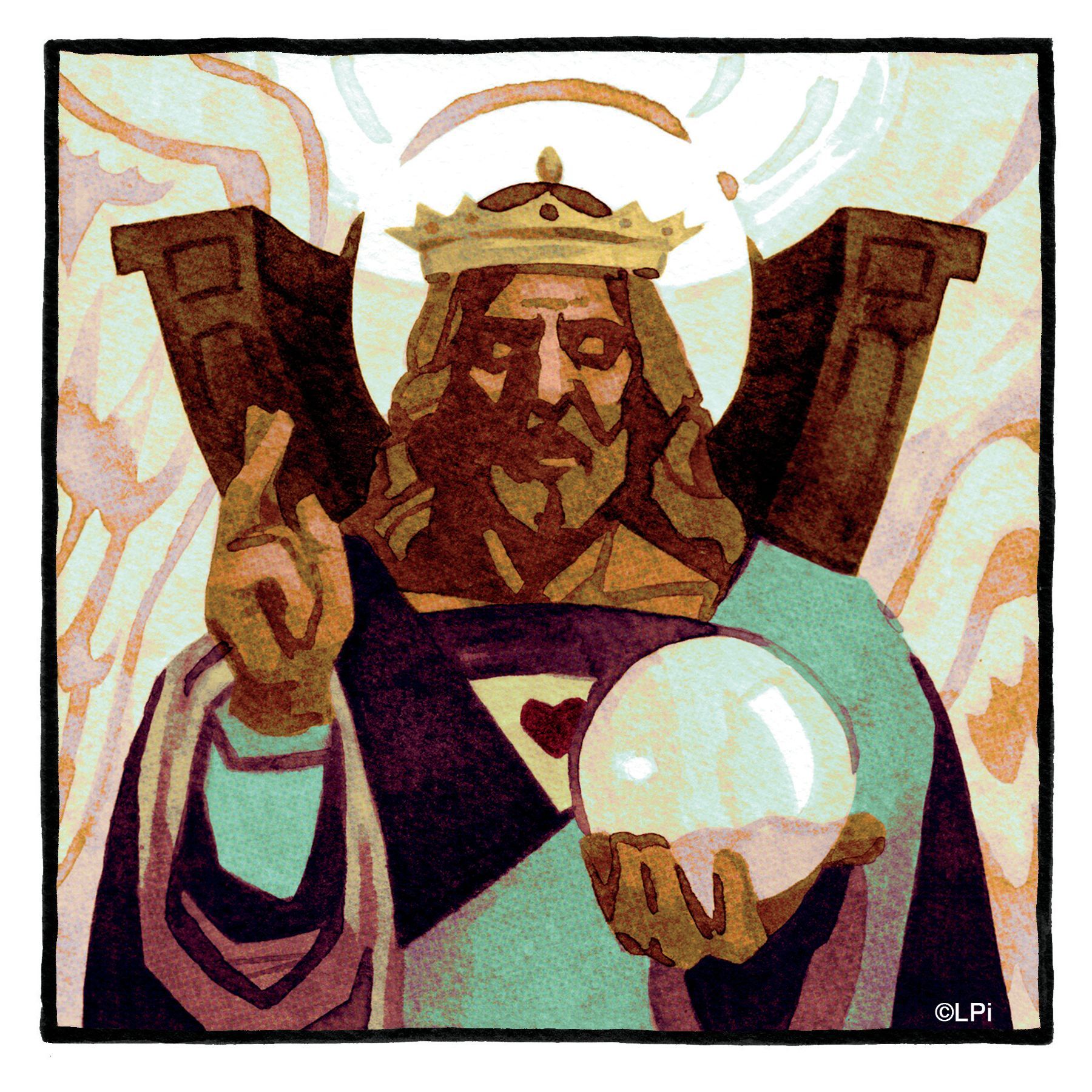 A water color painting of a man with a crown holding a crystal ball.