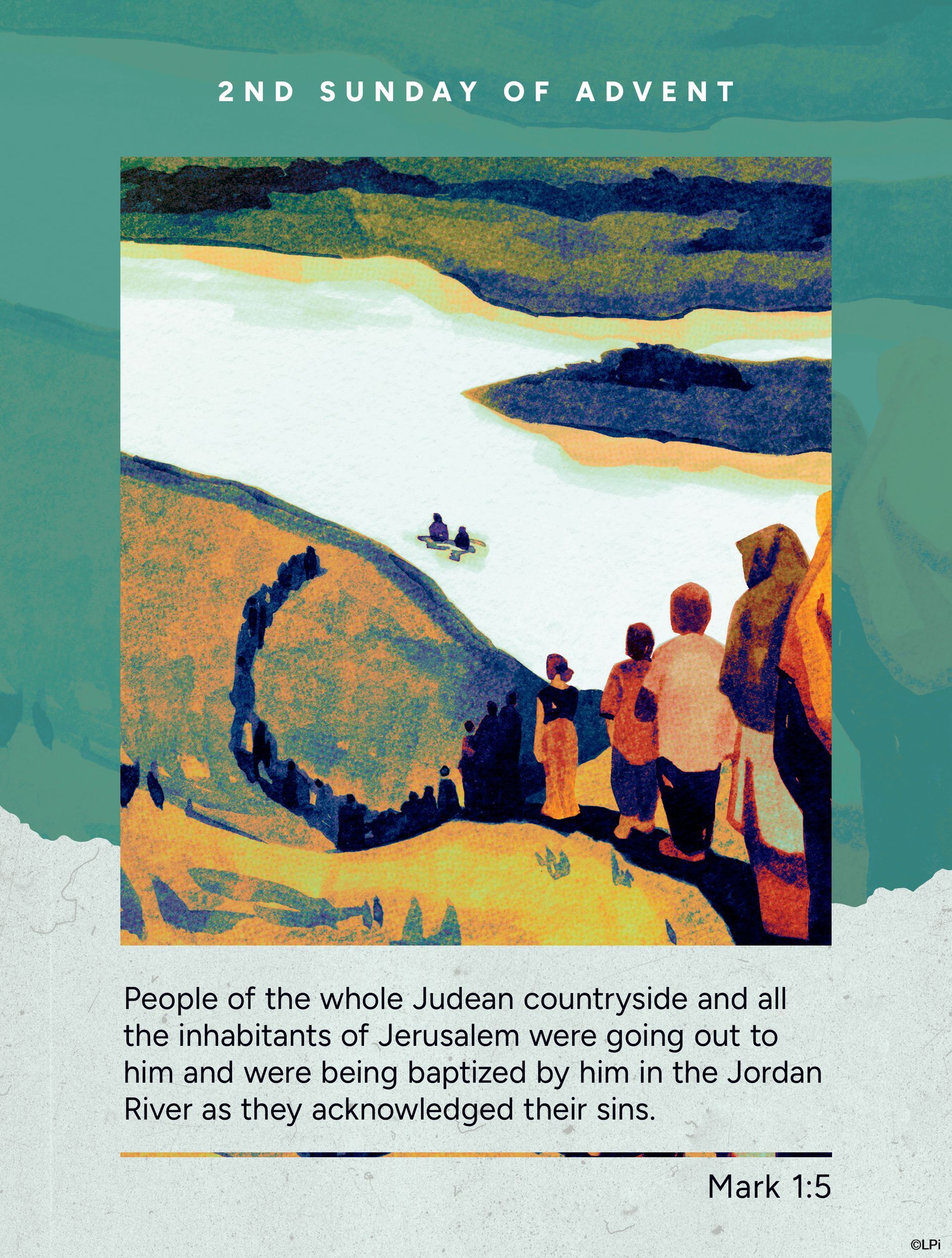 Illustrated procession with people on a winding path under a blue-green sky; text reads “2nd Sunday of Advent.”