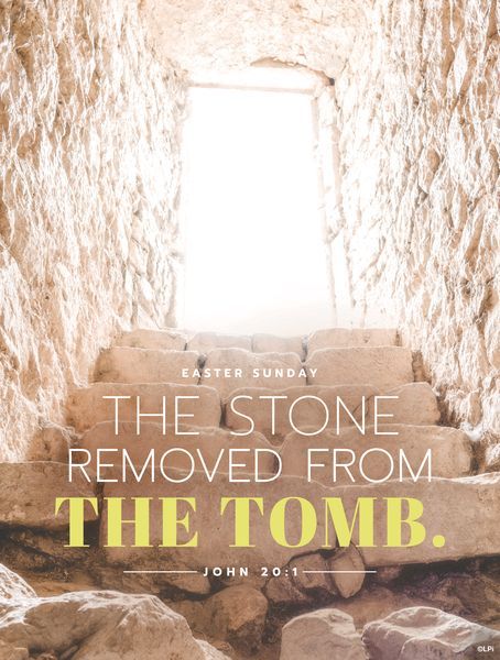 A photo of stone steps with stone walls that says the stone removed from the tomb.