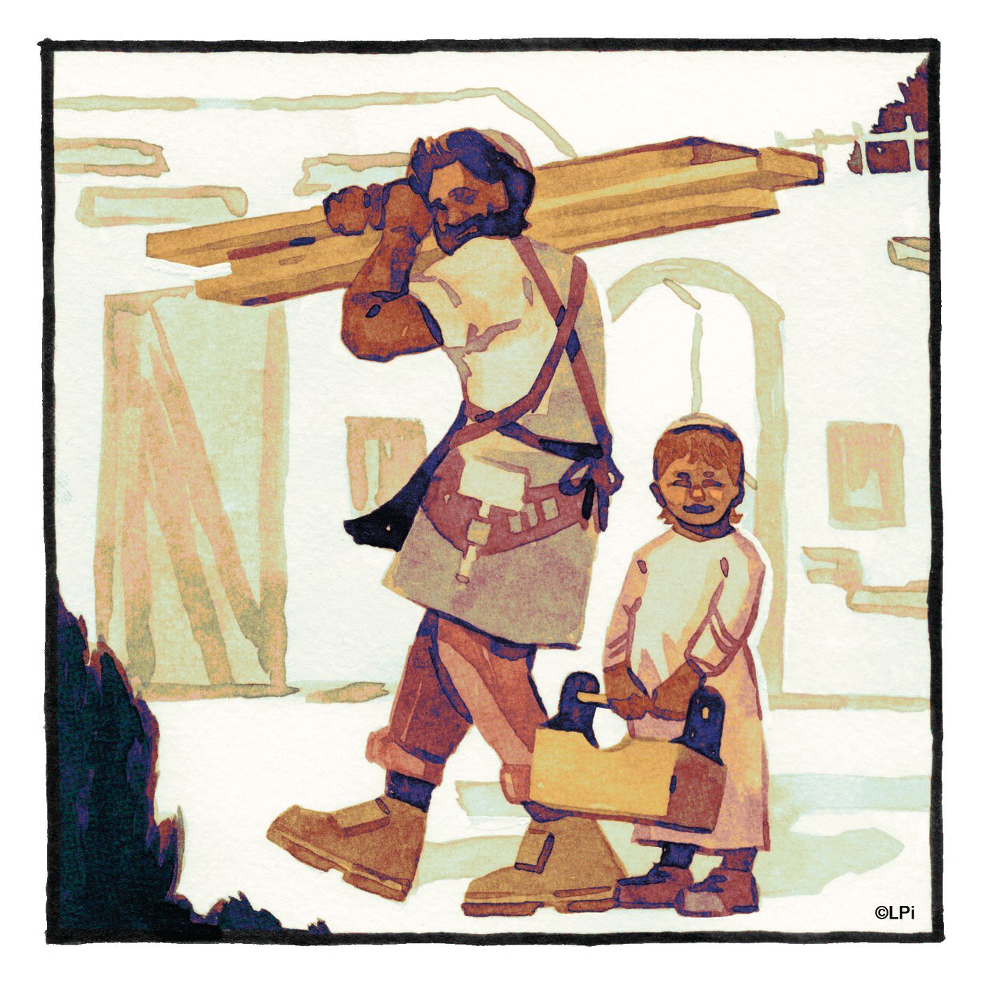 A painting of a man carrying a load of wood.