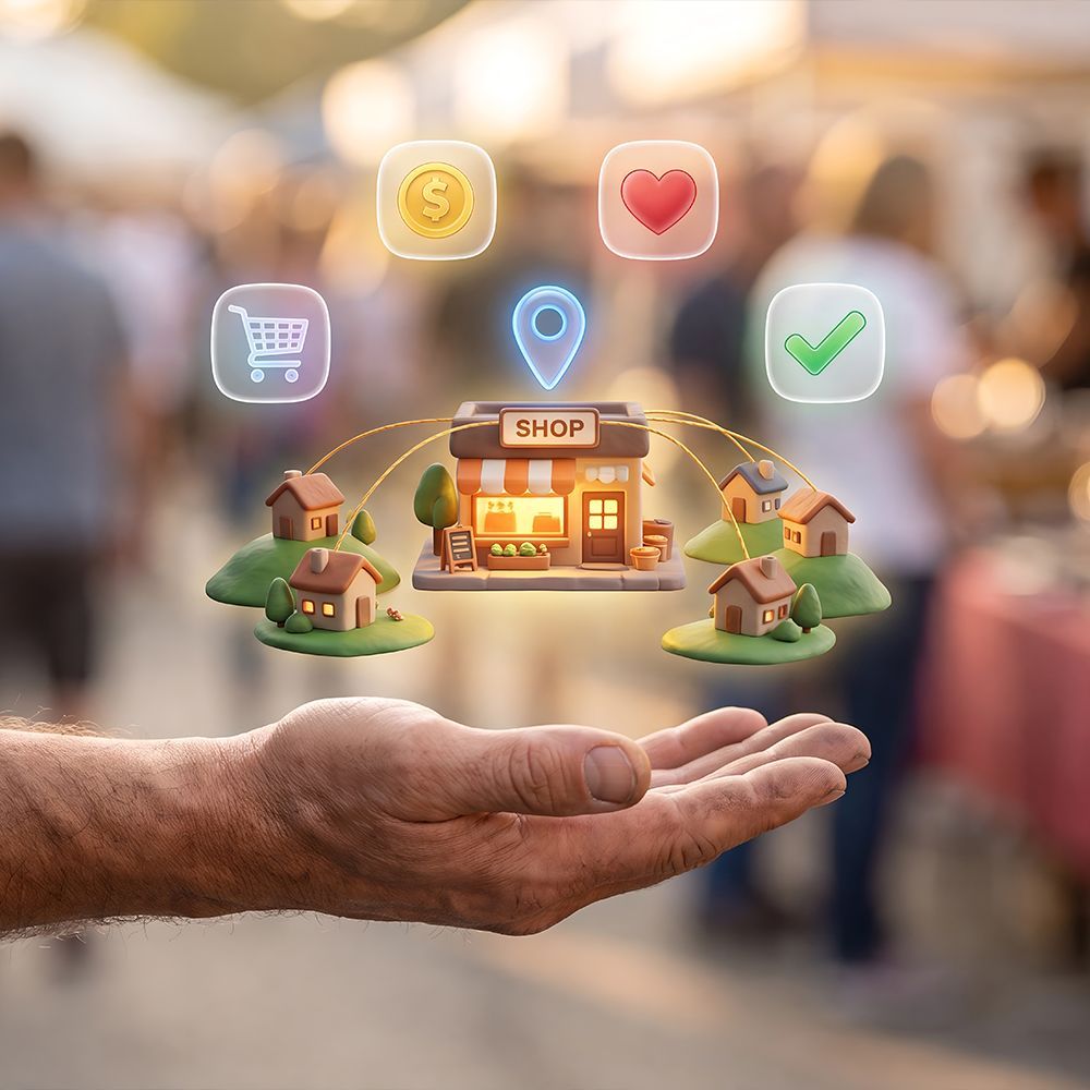 Hand holding a glowing online shop icon with floating shopping, location, heart, and check symbols