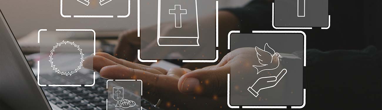 A person in front of a computer keyboard with transparent Catholic themed icons over it.