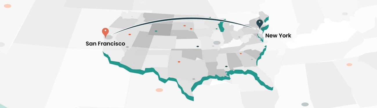 A map of the united states with a green line going through it connecting San Francisco and New York.