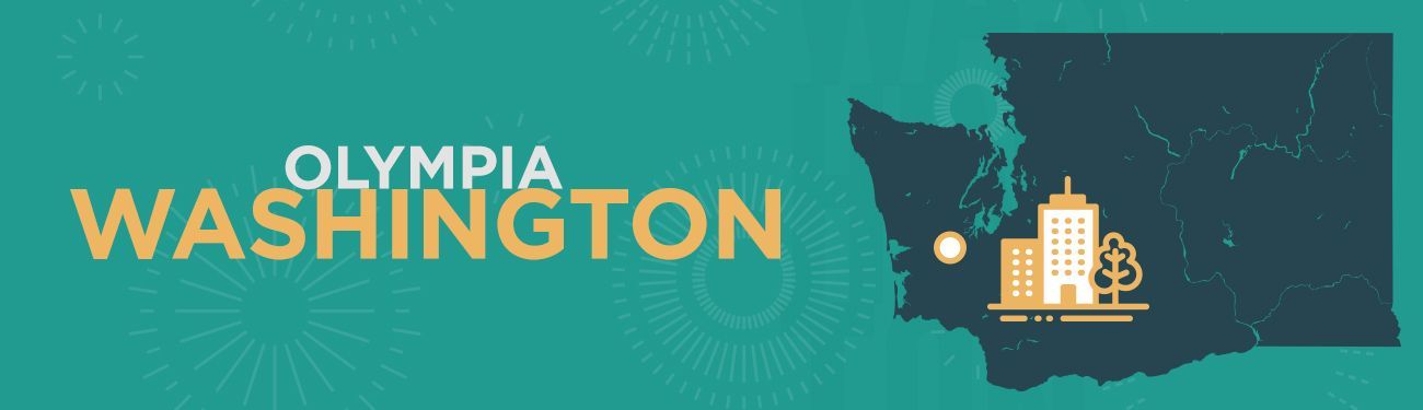 A map of olympia washington with buildings and trees on a blue background.