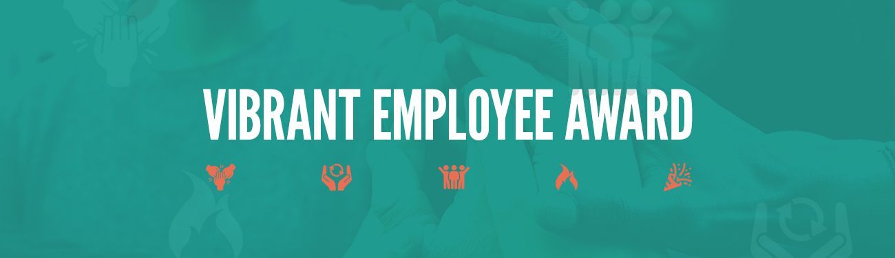 The vibrant employee award logo is on a green background.