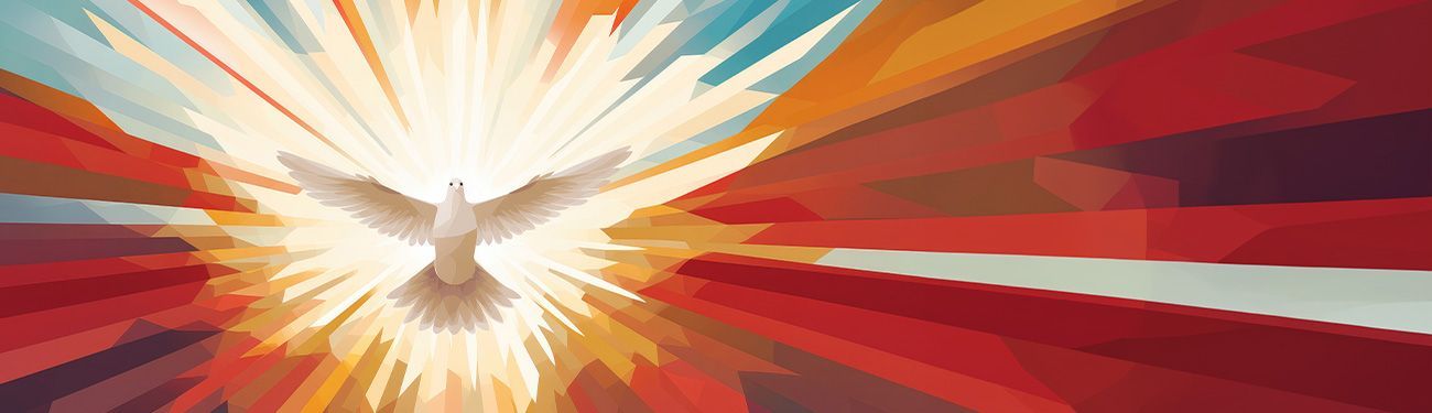A painting of a white dove flying through the air on a red background.