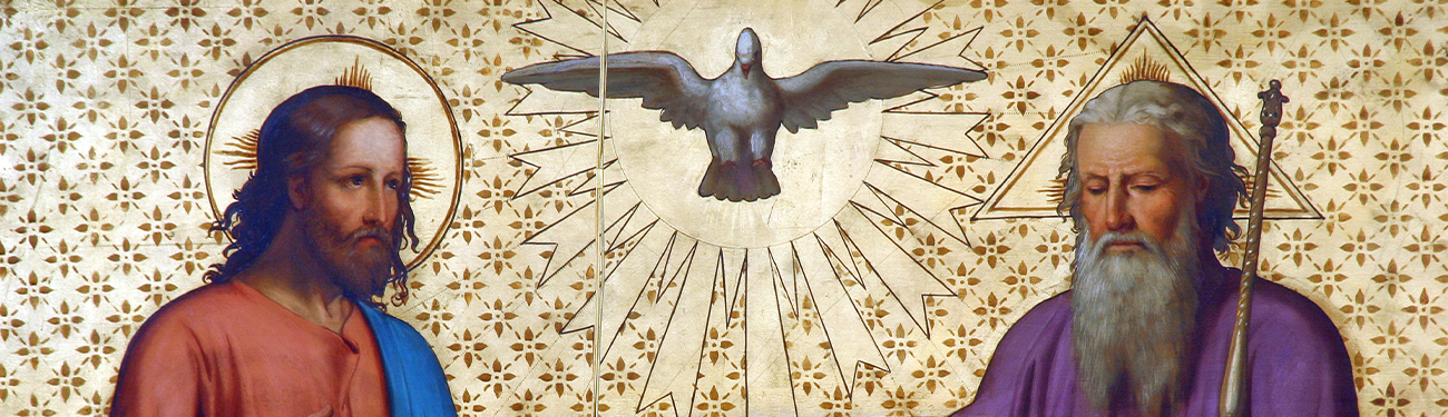 Religious painting of Jesus and God beneath a white dove with radiant golden beams.