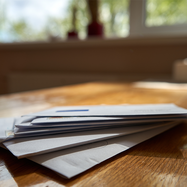Stack of white envelopes on a wooden table in soft sunlight, with a blurred window in the background