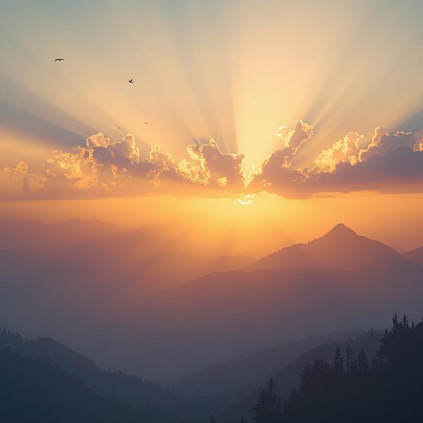 Sunrise over mountain peaks with golden rays and clouds in a hazy valley