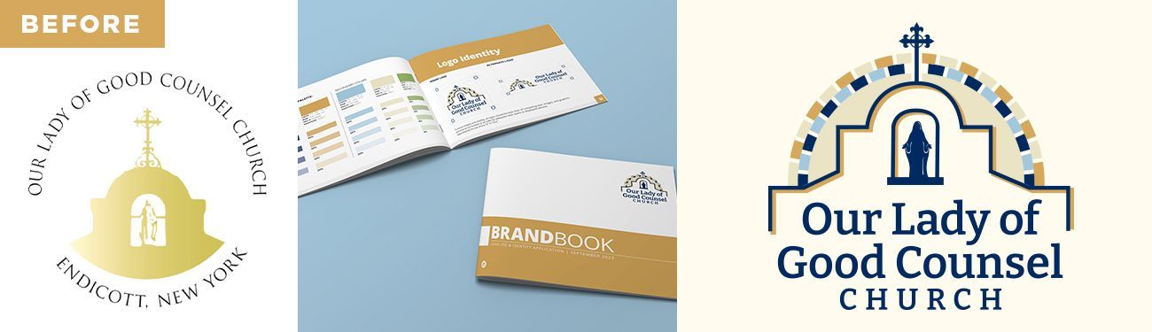A before and after picture of the logo for our lady of good counsel church.