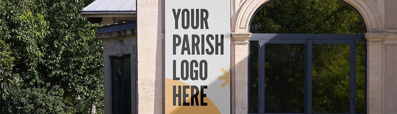 A sign on the side of a building that says {your parish logo here ''.