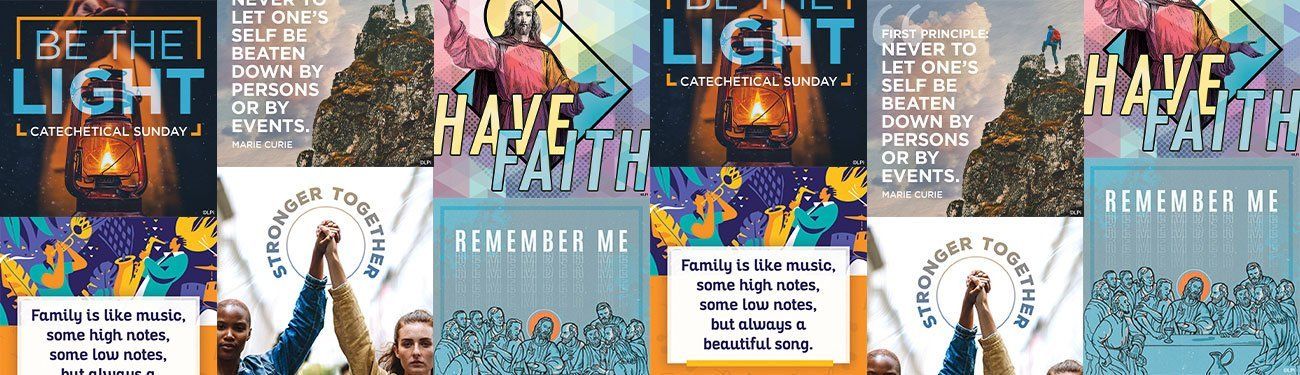 A collage of catholic themed graphics titled laid out next to each other.