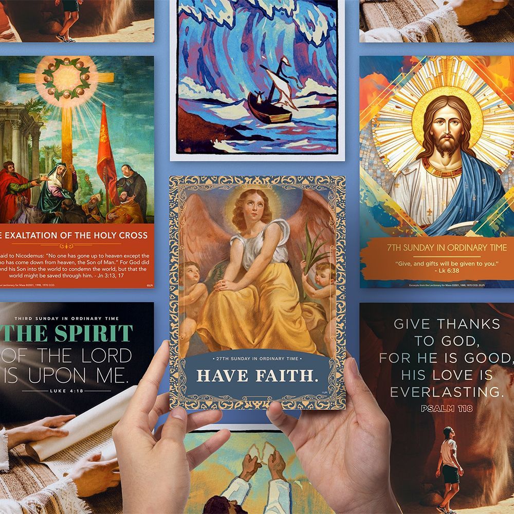 A collage of beautiful catholic church bulletin covers.