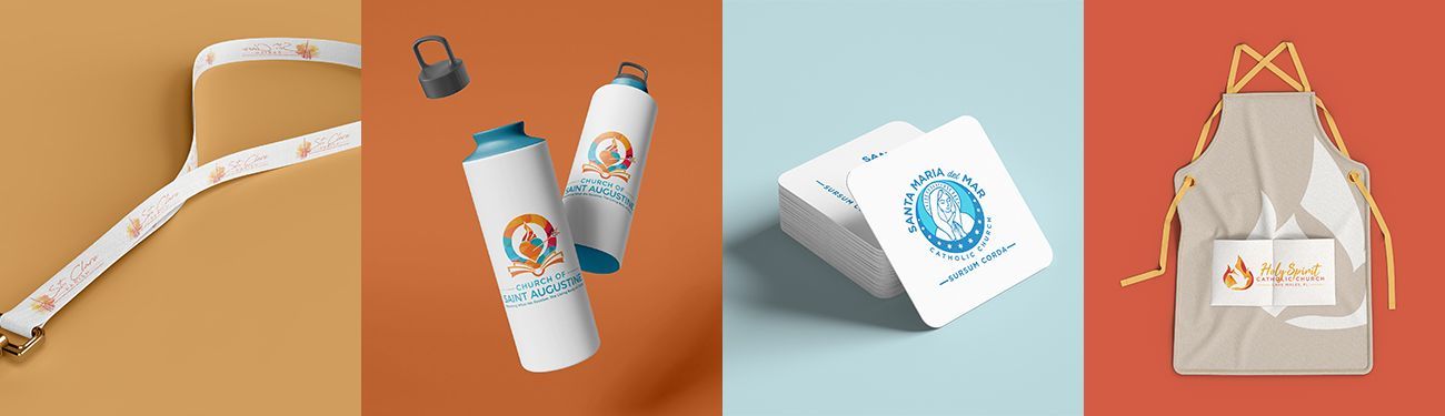 A collage of four pictures of different objects with a logo on them.