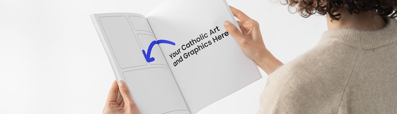 A person holding open a book, with an arrow pointing to the text, “Materials and graphics here.”