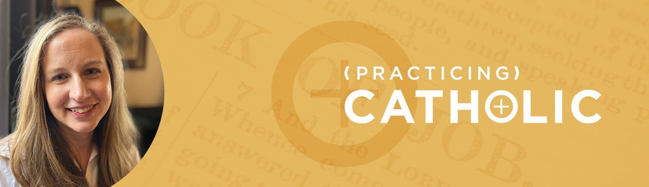 A woman is smiling in front of a banner that says practicing catholic.