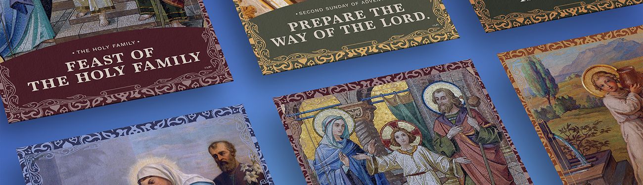 A bunch of Catholic themed covers with religious pictures on them are sitting on a blue background.