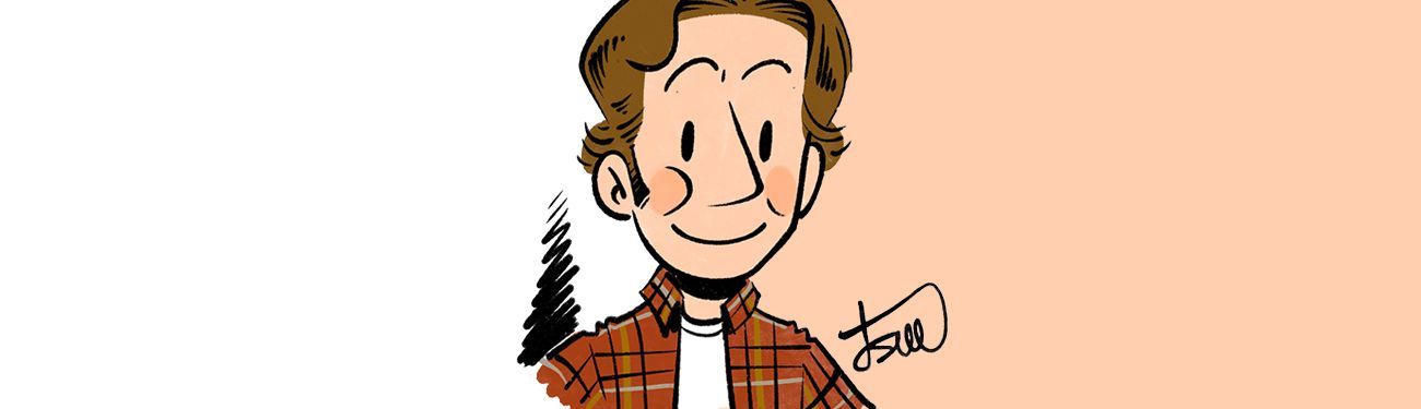 A cartoon of a man in a plaid shirt holding a pen.