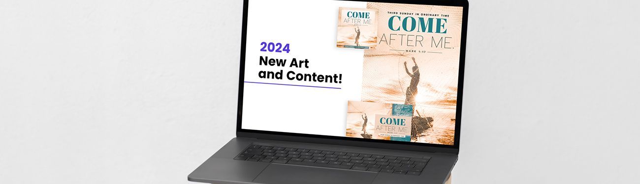 A laptop with Catholic themed images on it that say Come after Me.