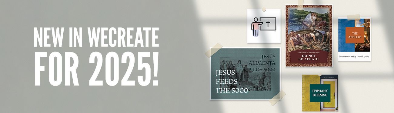 A banner that says new in WeCreate for 2025 on a wall with tapped up Catholic themed images.