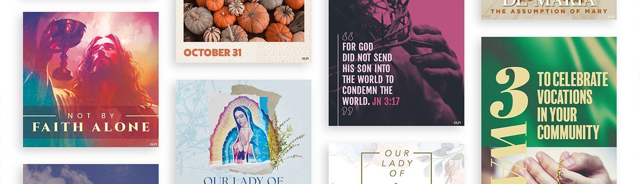 A collage of Catholic themed graphics on a white background with drop shadows.