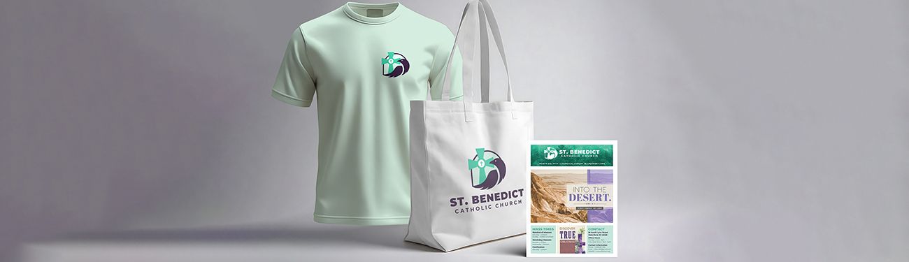 Merchandise branded with a parish logo.
